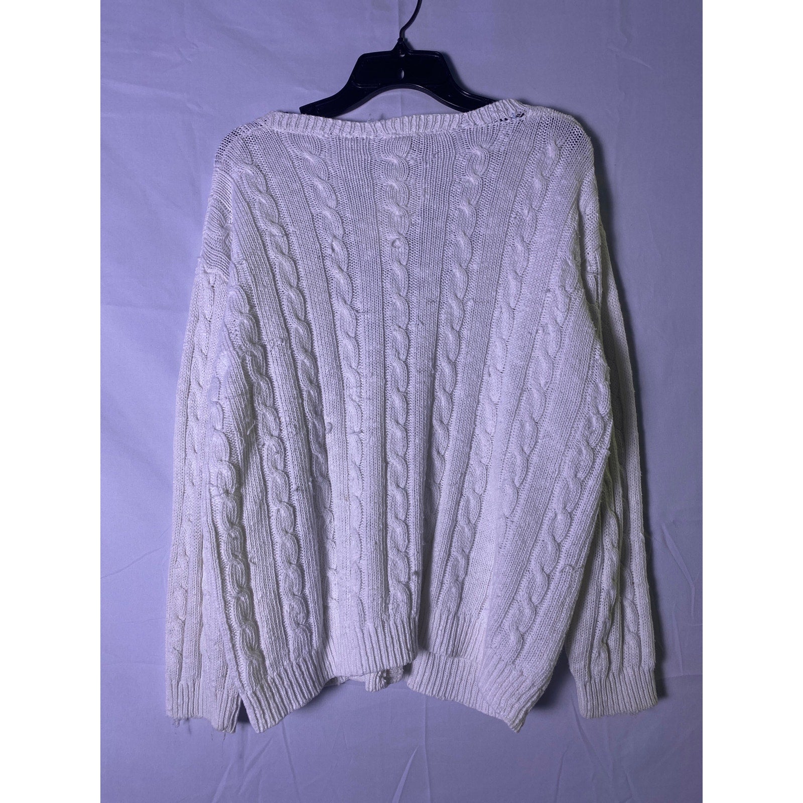 Vintage ERIKA White Cable-Knit Cardigan Sweater Front Pockets Women's Medium