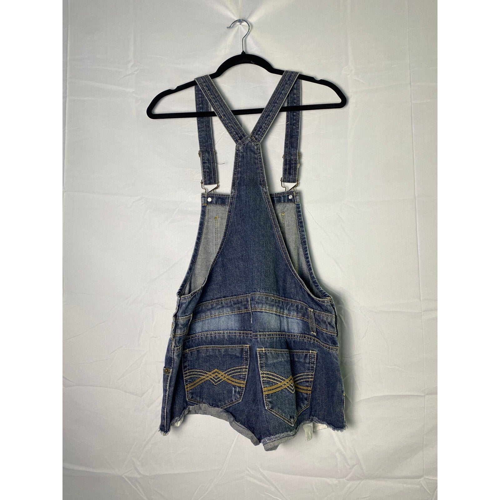Mudd Blue Denim Overall Shorts Raw Hem Distressed Women's Size Medium