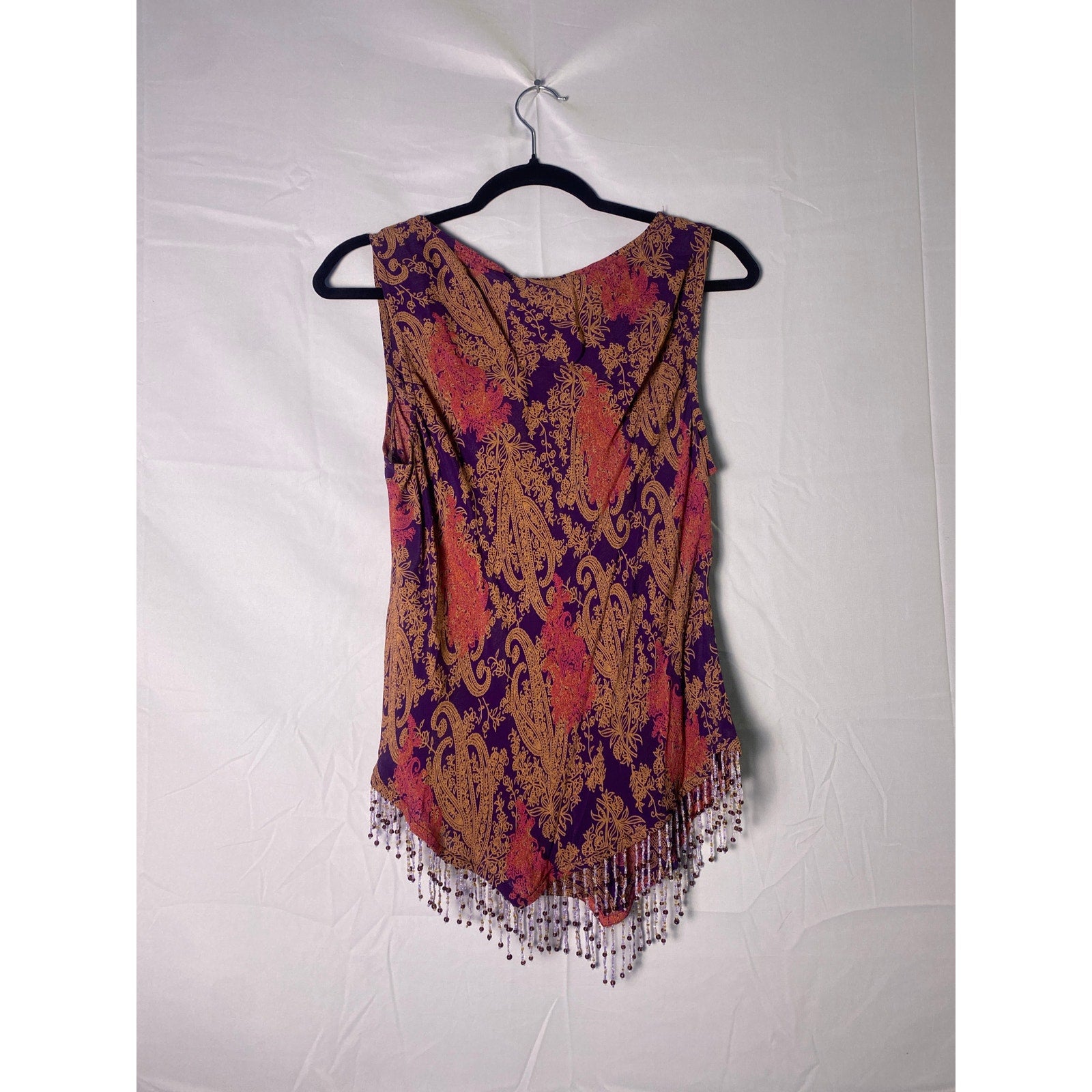 Vintage Phool Purple Tan Paisley Bead Hem Tank Top Women's Size M/L (Marked XL)