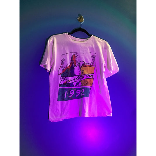 Barcelona 1992 Running Man Printed White T-shirt Men's Size Small?