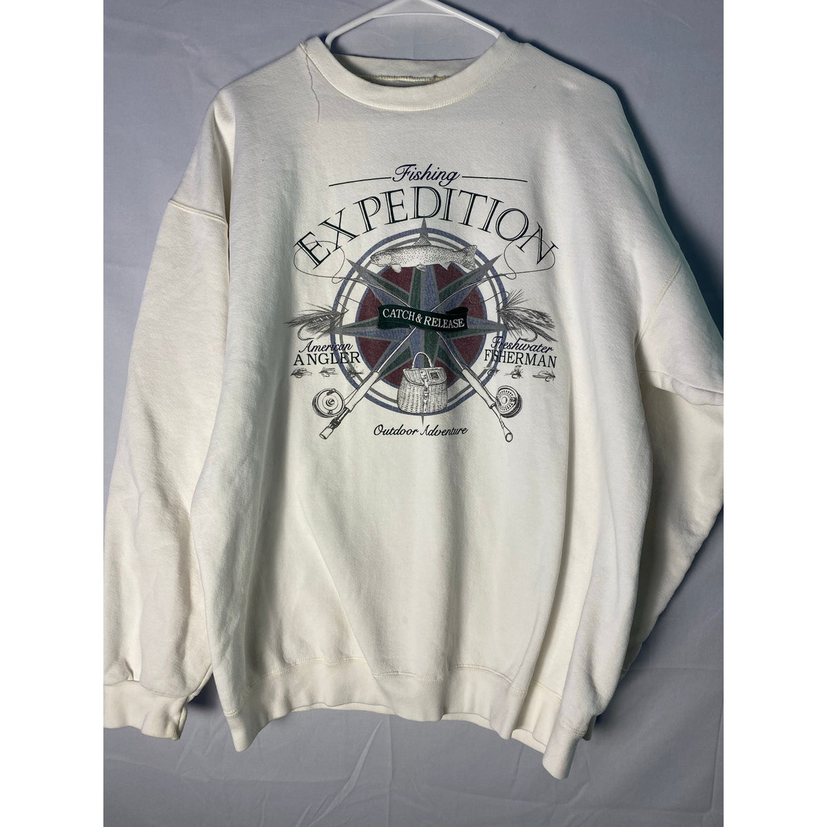 Vintage Hanes Fishing Expedition Catch & Release White Crewneck Sweater Men's XL