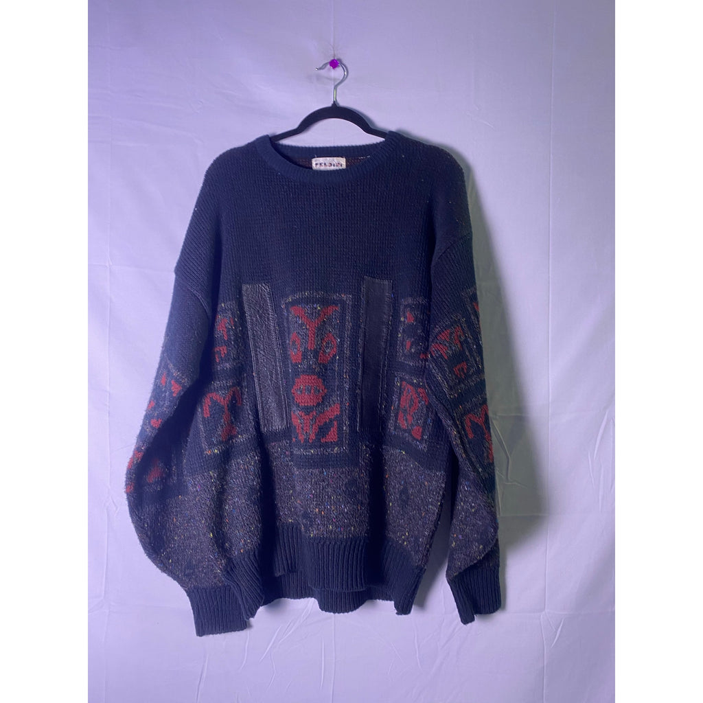 Vintage Feldini Black Geometric Knit Sweater Multicolor Pullover Unisex Size XL