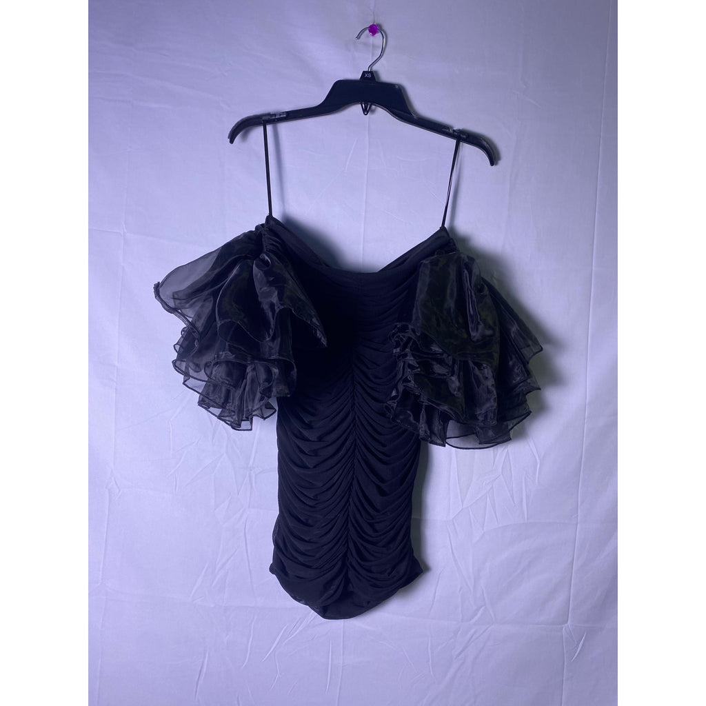Black Ruched Bodycon Mini Dress with Ruffle Dramatic Sleeves Women's Medium