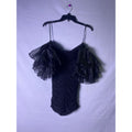 Black Ruched Bodycon Mini Dress with Ruffle Dramatic Sleeves Women's Medium