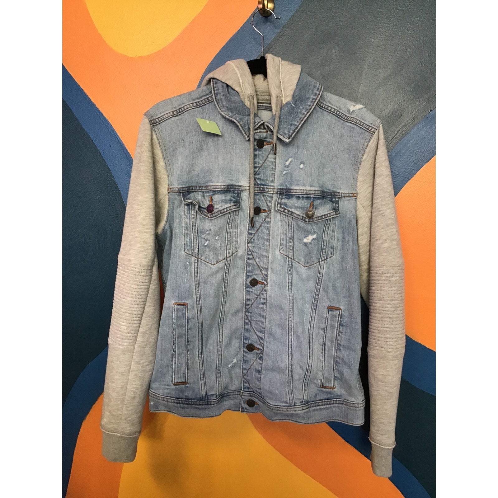 Hollister Button Up Blue Denim Hoodie Jacket Distressed Men's Size Medium