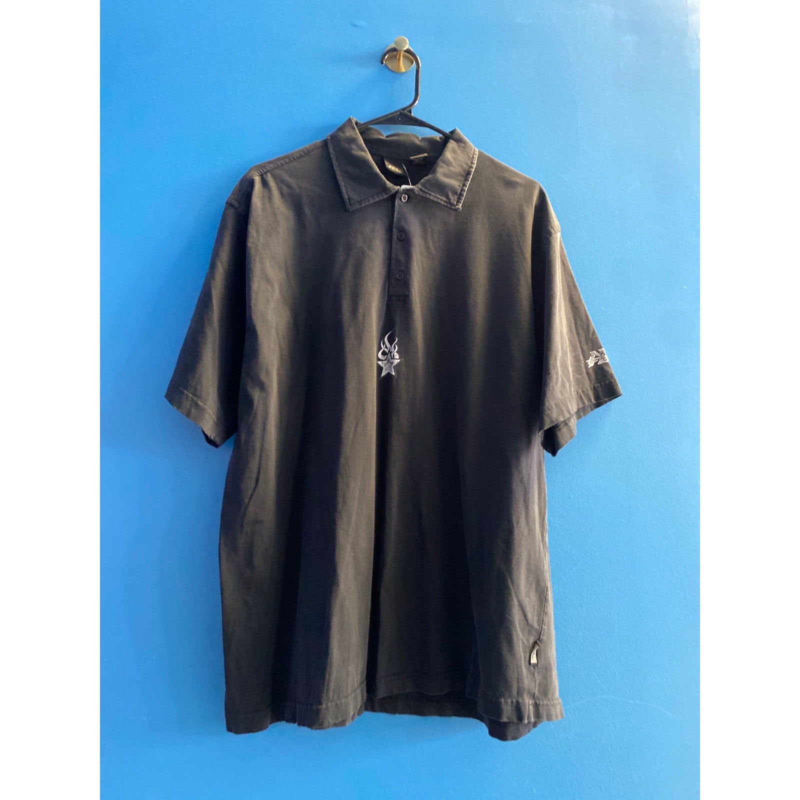 No Fear Black Polo Short Sleeve Shirt 1/4 Buttons Star Print Men's Size XL