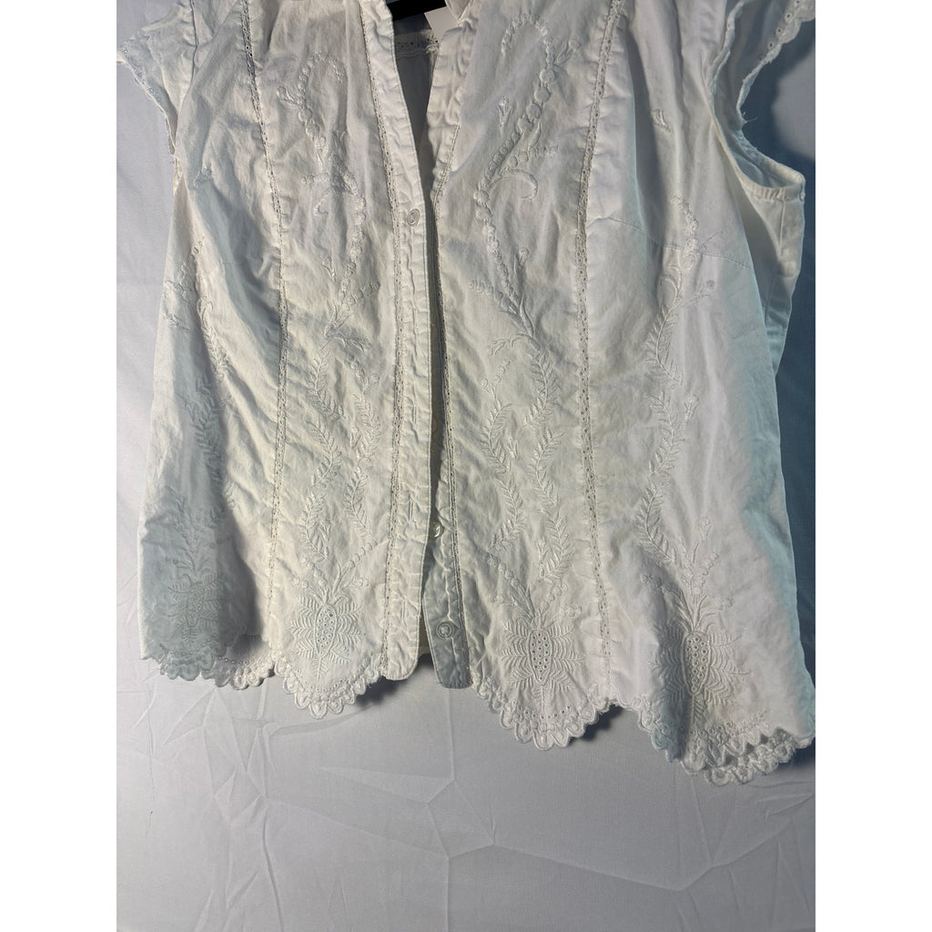 DressBarn White Floral Lace Textured Button Up Blouse Cap Sleeve Women's Large