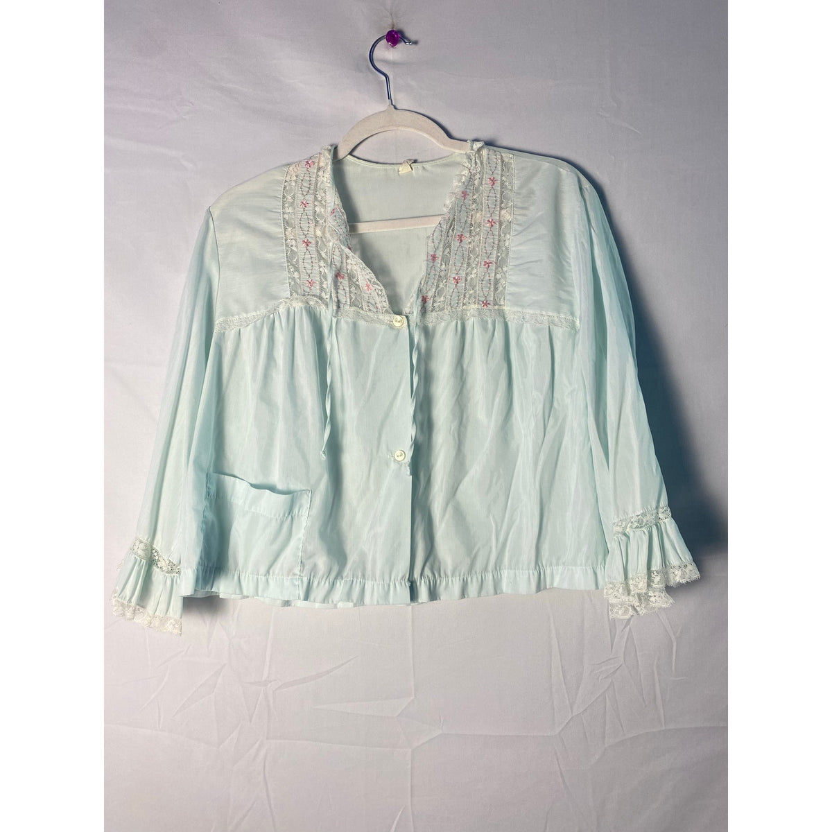 Vintage 50s-60s Mint Green Peignoir Sheer Top w/ Lace Floral Embroidery Details Women's Size Large