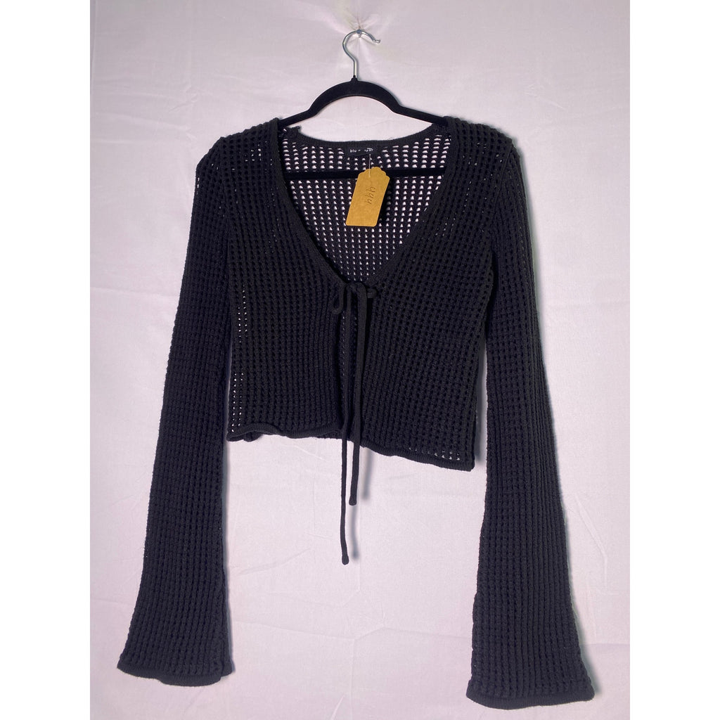 Blu Pepper Black Open Knit Cardigan Tie Front Bell Sleeves Women's Size Medium