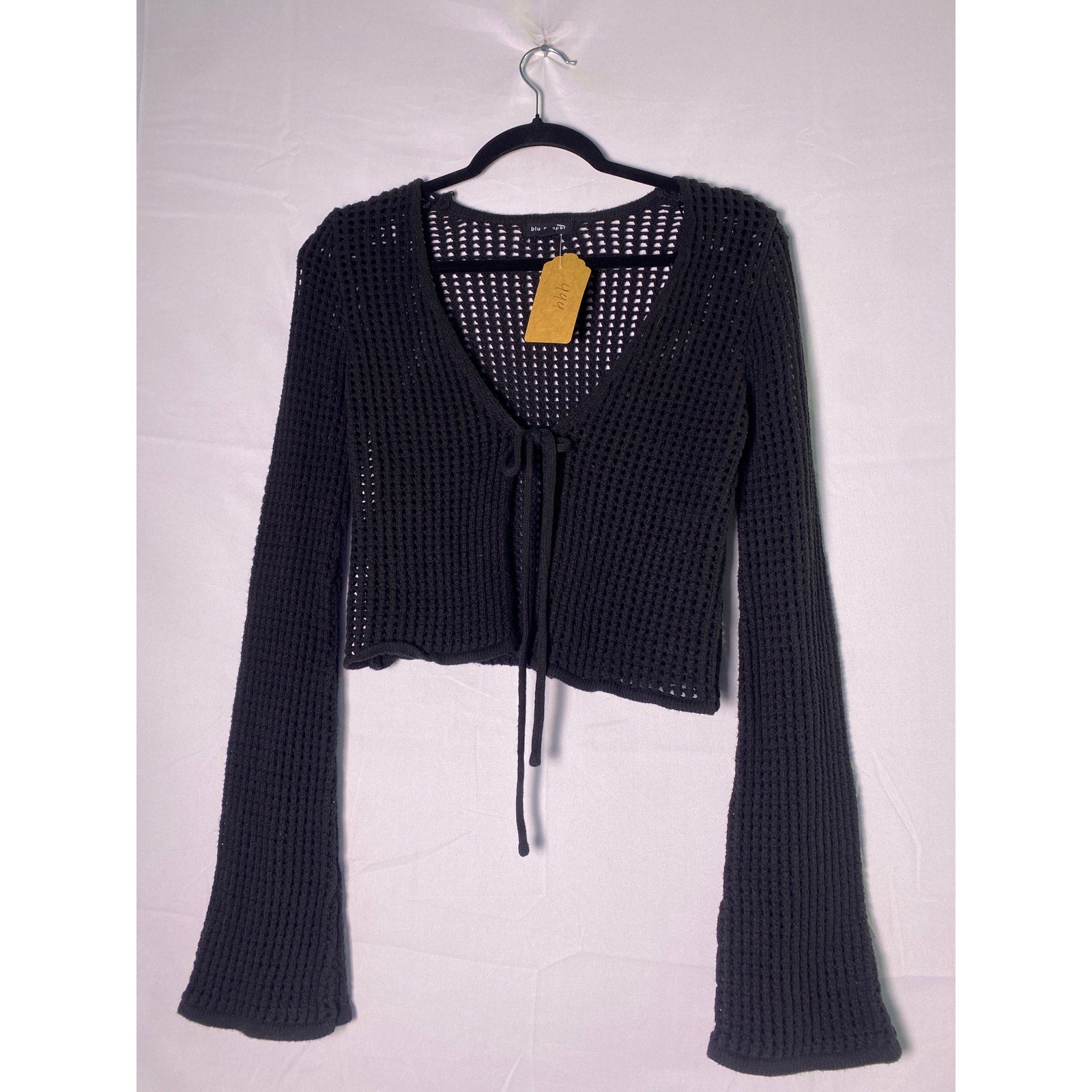 Blu Pepper Black Open Knit Cardigan Tie Front Bell Sleeves Women's Size Medium