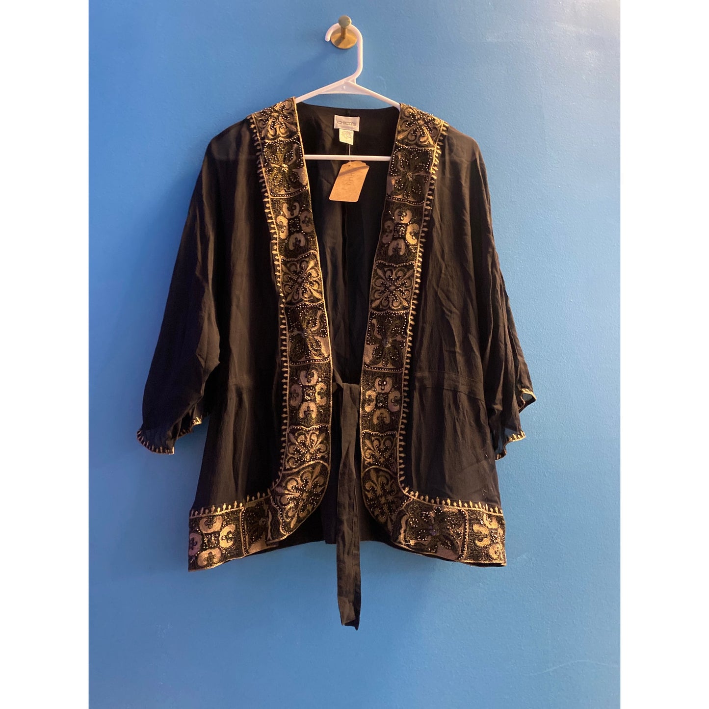 Chico's 100% Silk Black Beaded Floral Sheer Front Tie Cardigan Small/Medium