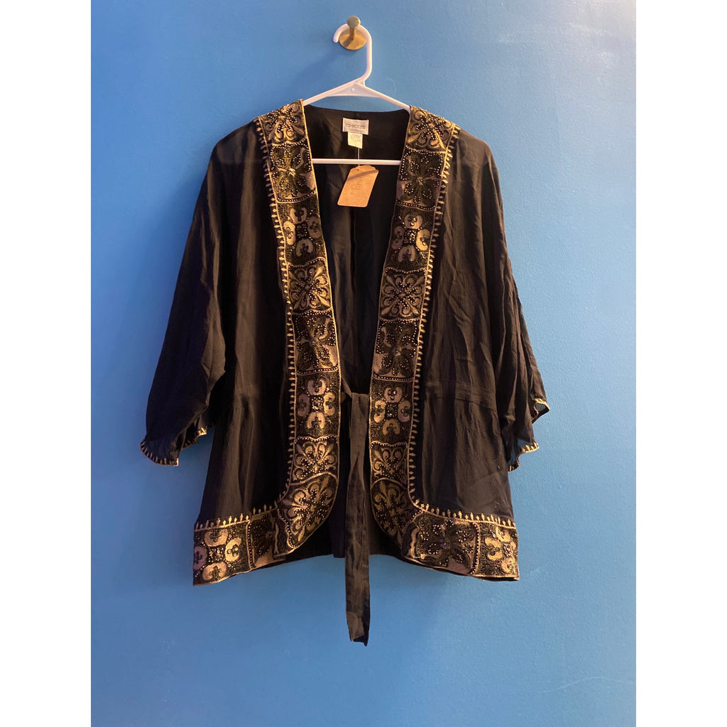 Chico's 100% Silk Black Beaded Floral Sheer Front Tie Cardigan Small/Medium