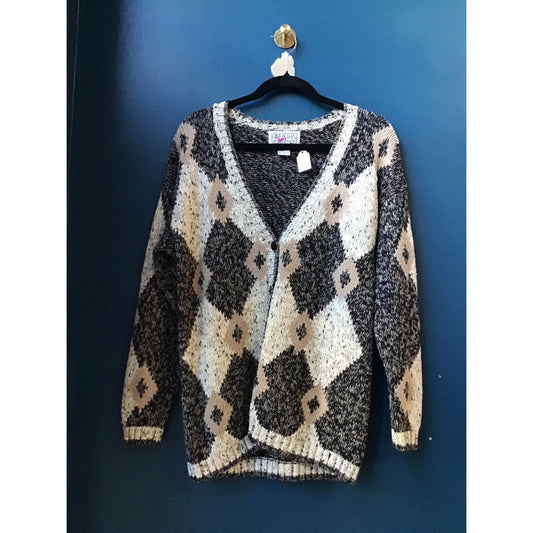 Gina Peters Button Up Cardigan Sweater Gray Tan Patterned Knit Women's Small