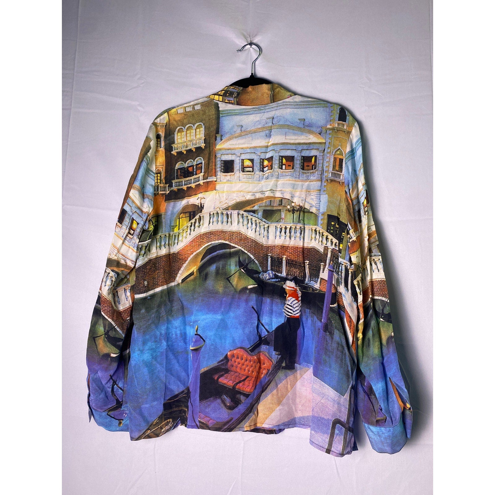 Vintage Nicole Taylor 100% Silk Venice Scene Beaded Button Up Shirt Women Large