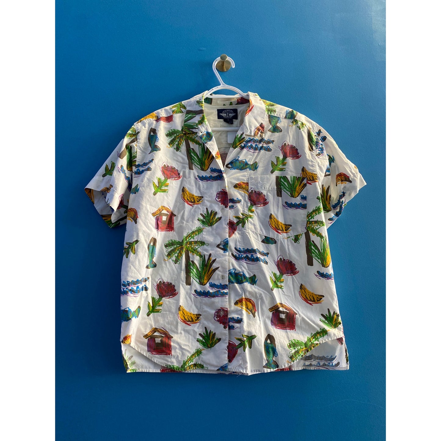 Dockers White Multicolor Tree Rose House Beach Hawaiian Shirt Men's Medium