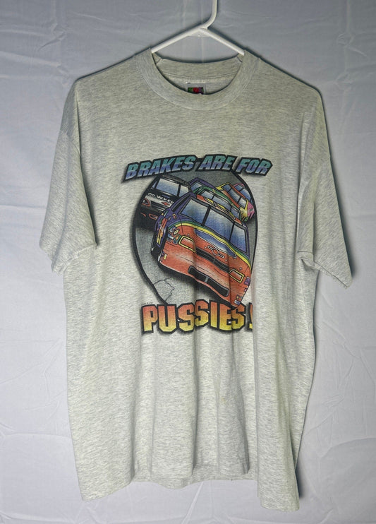 Fruit of the Loom BRAKES ARE FOR PUSSIES! Graphic Print Gray Shirt Mens Size XL