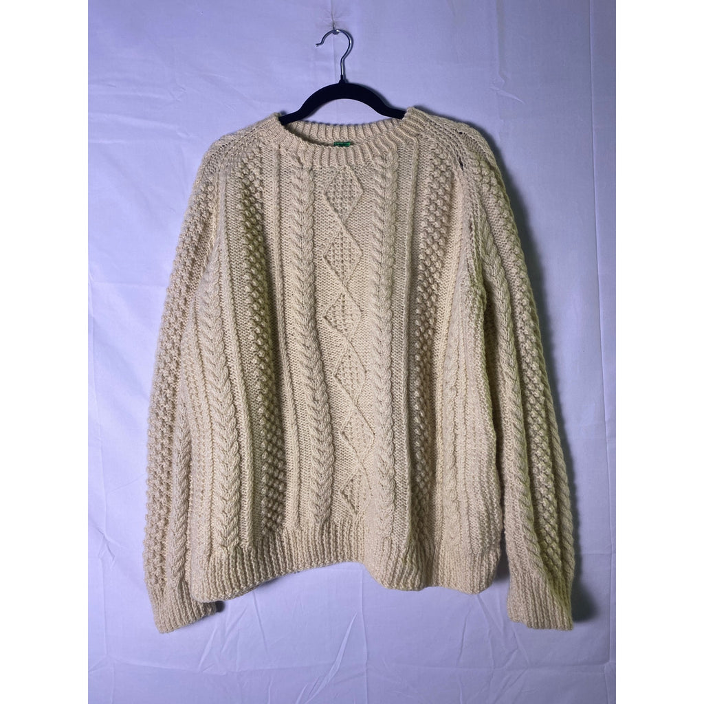 100% Wool Off White Cable Knit Sweater Crewneck Pullover Men's Size Large