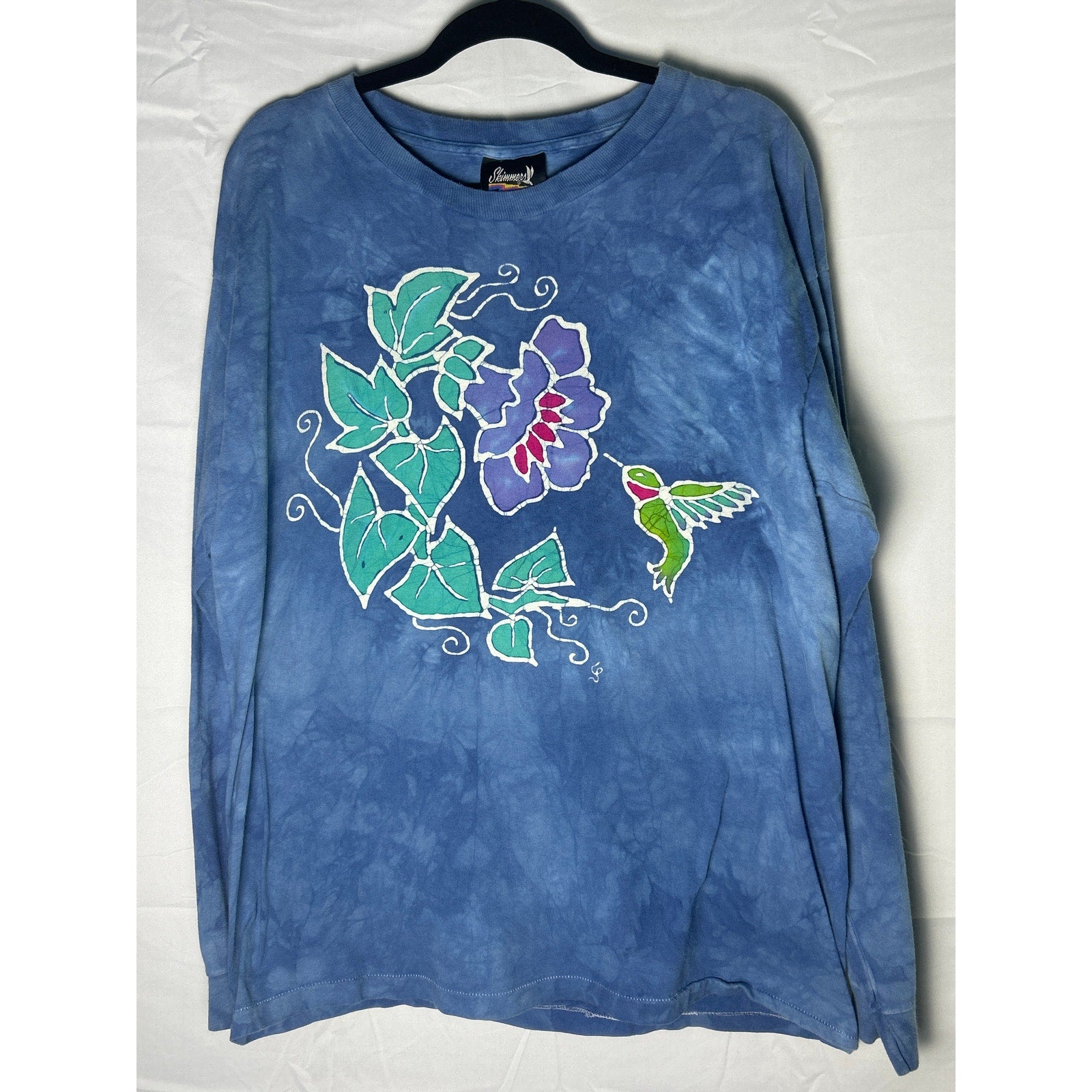 Skimmers Flower and Humming Bird Print Blue Long Sleeve Shirt Women's Size XL