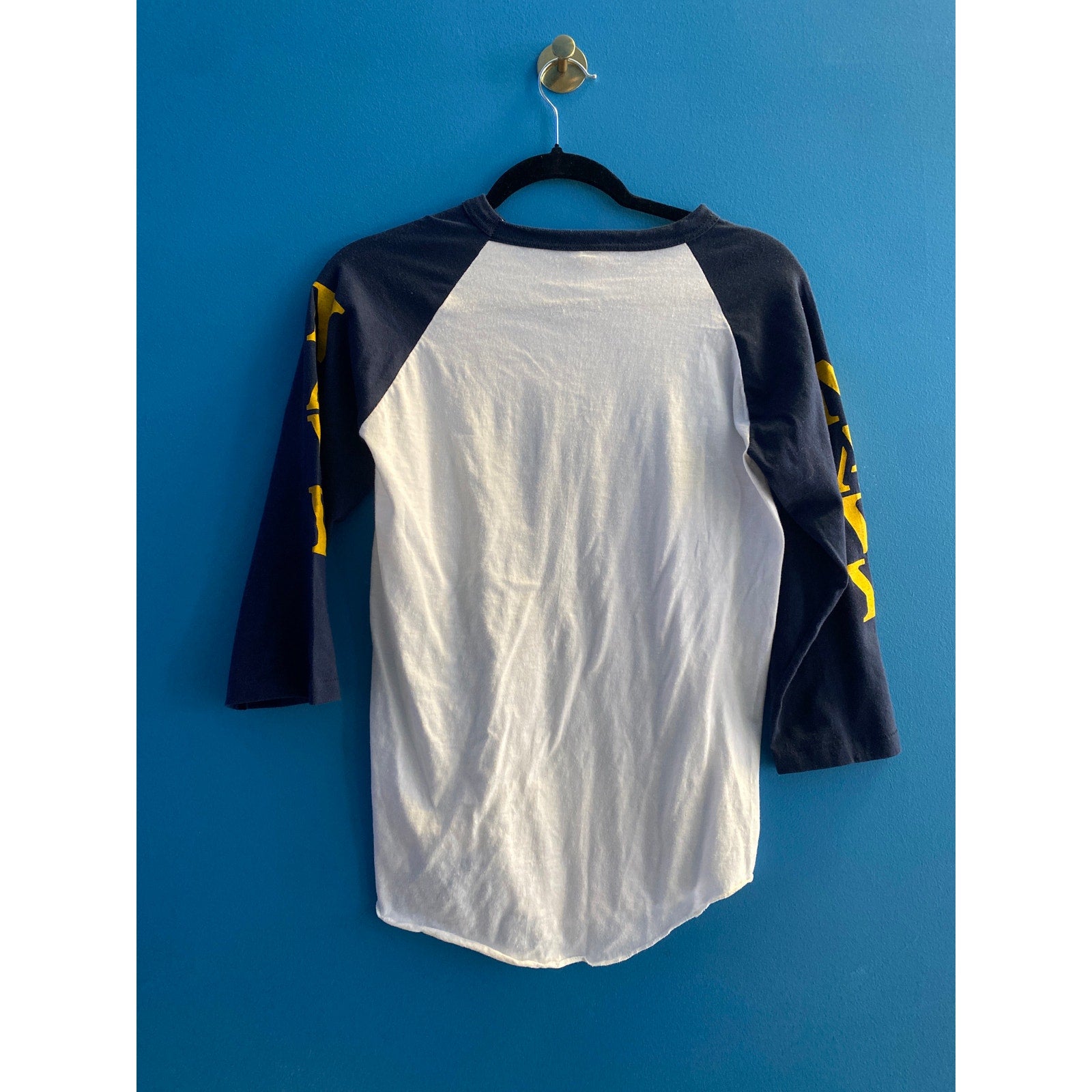 Screen Stars NAVY Print 3/4 Sleeve Blue White Raglan Shirt Women's Size Medium
