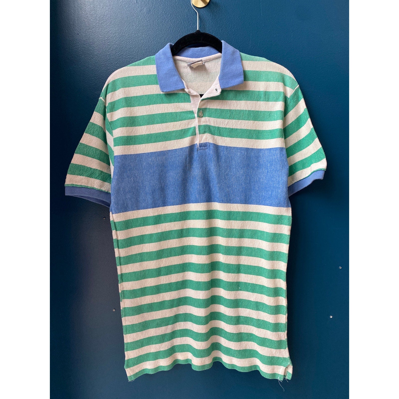 Vintage 80s Dispatch Green Blue Striped Knit Polo Shirt Short Sleeve Mens Medium