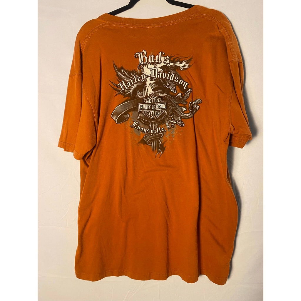 Harley Davidson Evansville, Indiana Orange Graphic Print Shirt Men's Size XL