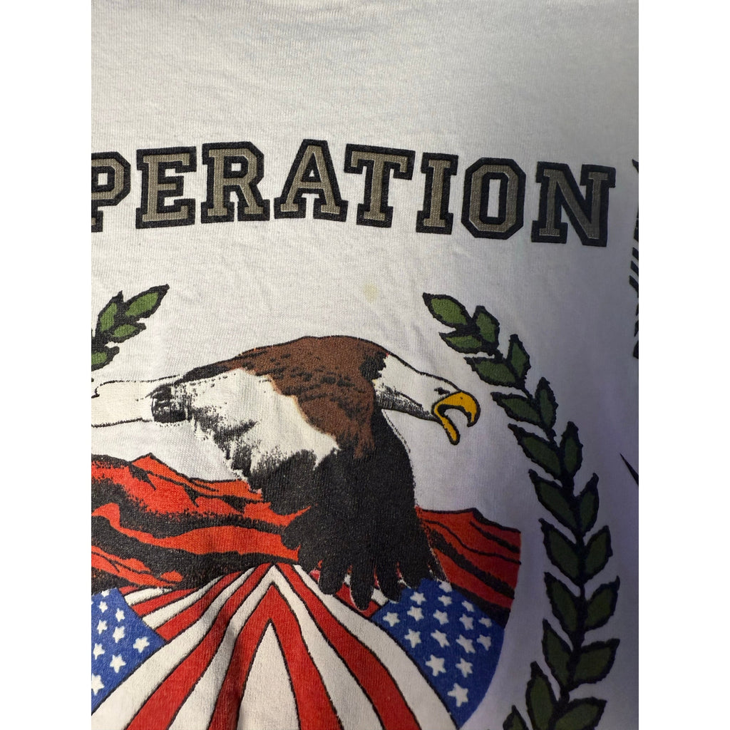 Vintage Fruit of the Loom Operation Desert Storm USA Flag Eagle White Shirt Sz LARGE