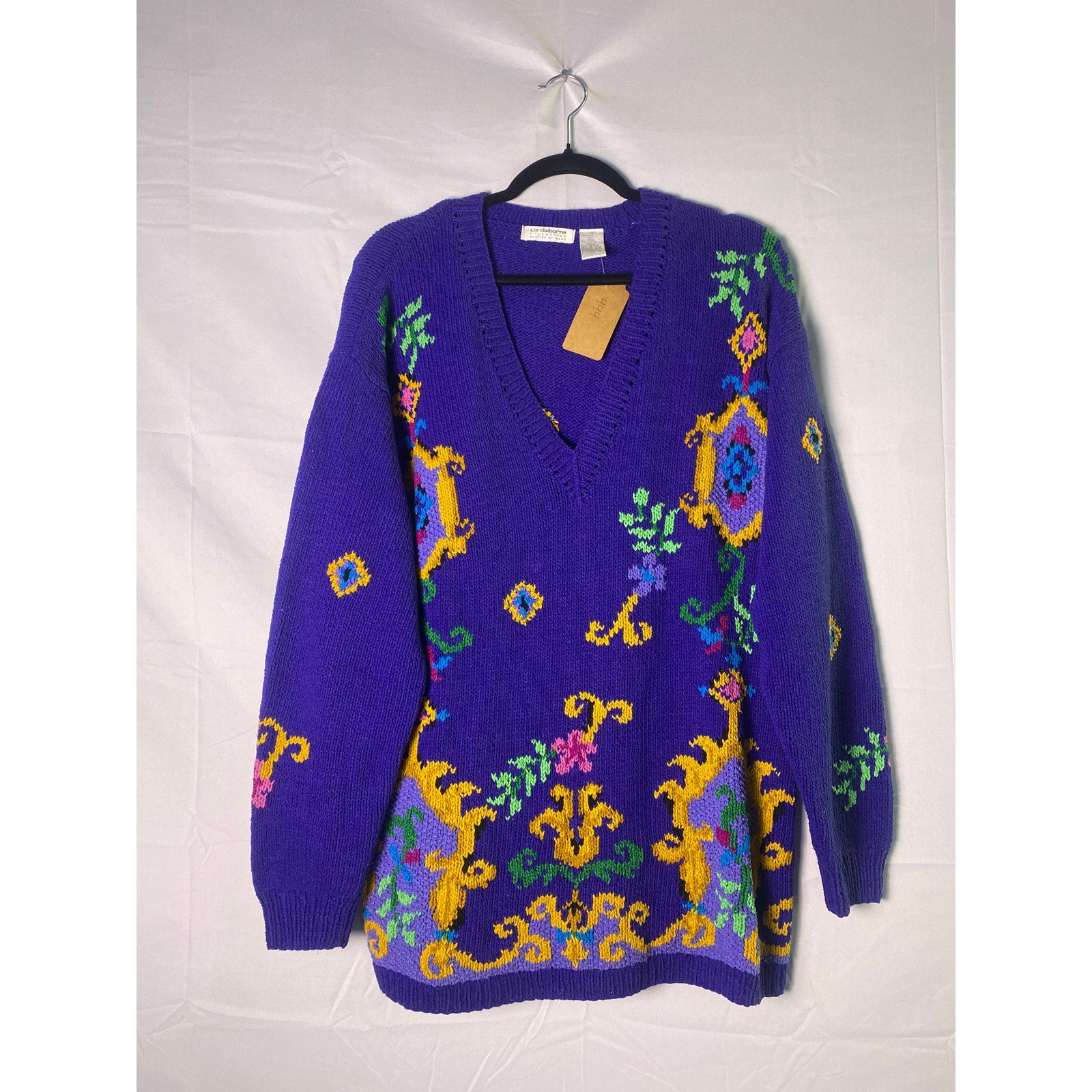 Vintage Liz Claiborne Hand Knit Blue Colorful V-neck Sweater Women's Size Medium