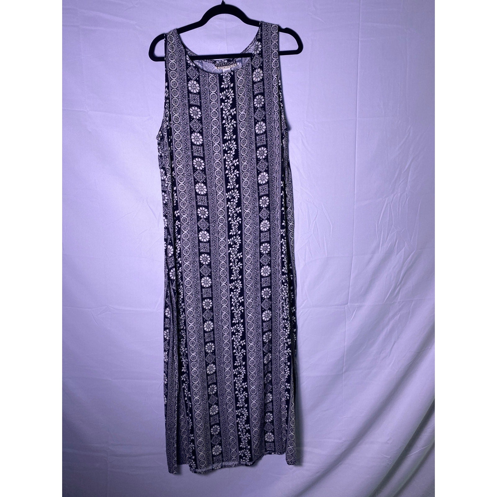 Vintage Notations Women's Black White Floral Geo Print Maxi Dress Sleeveless XL