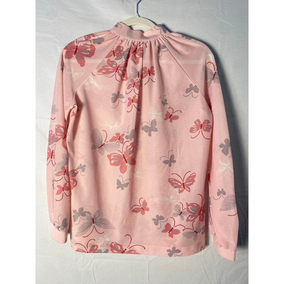 Vintage 70s Alfred Dunner Pink Butterfly Poly Knit Sheer Blouse Women's Small