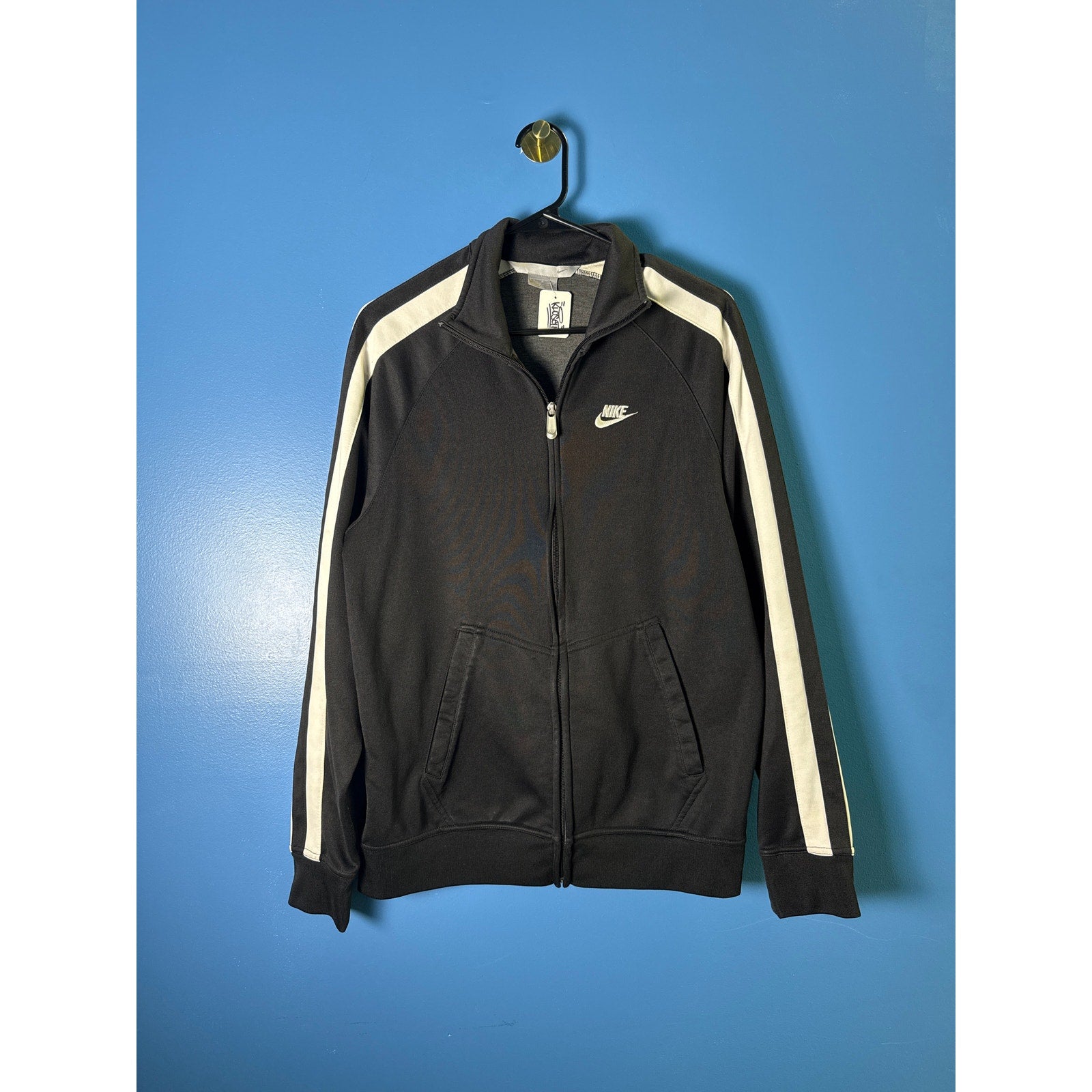 Y2K Nike Full Zip Track Jacket Black White Striped Sleeves Men's Size Medium