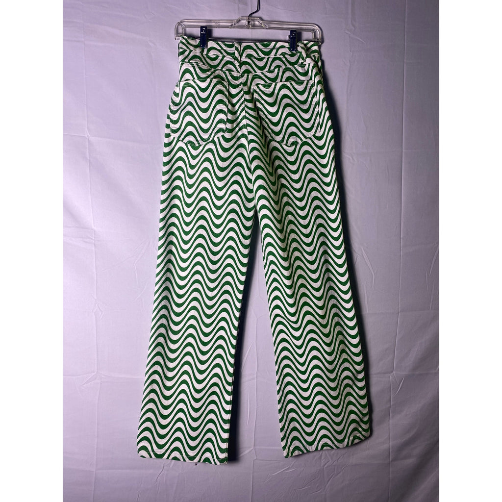 Altar'd State White Green Wavy Print Relaxed Fit Wide Leg Jeans Women's Small