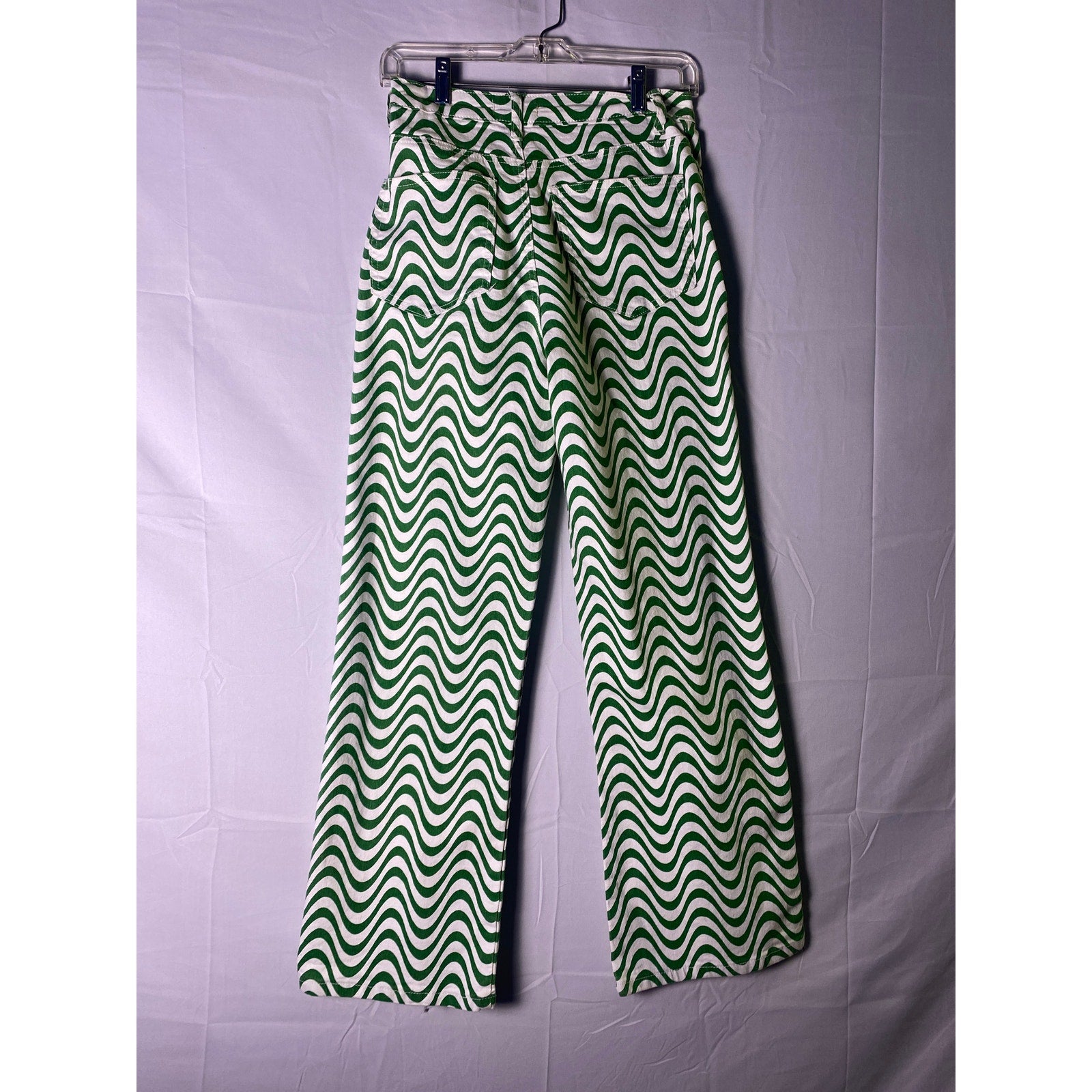 Altar'd State White Green Wavy Print Relaxed Fit Wide Leg Jeans Women's Small
