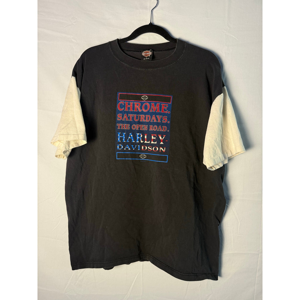 Vintage 90s Harley Davidson Two Tone Shirt Black White CHROME. SATURDAYS Print Patriotic Graphic Print Size Large