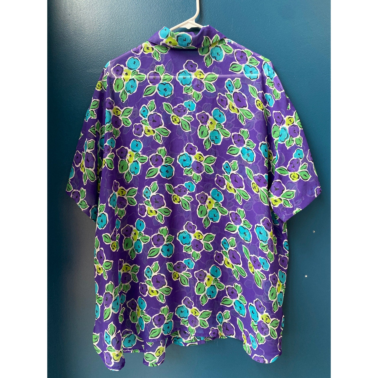 Vintage 80s Chaus Blue Purple Green Floral Chiffon Button Up Blouse Plus 18W