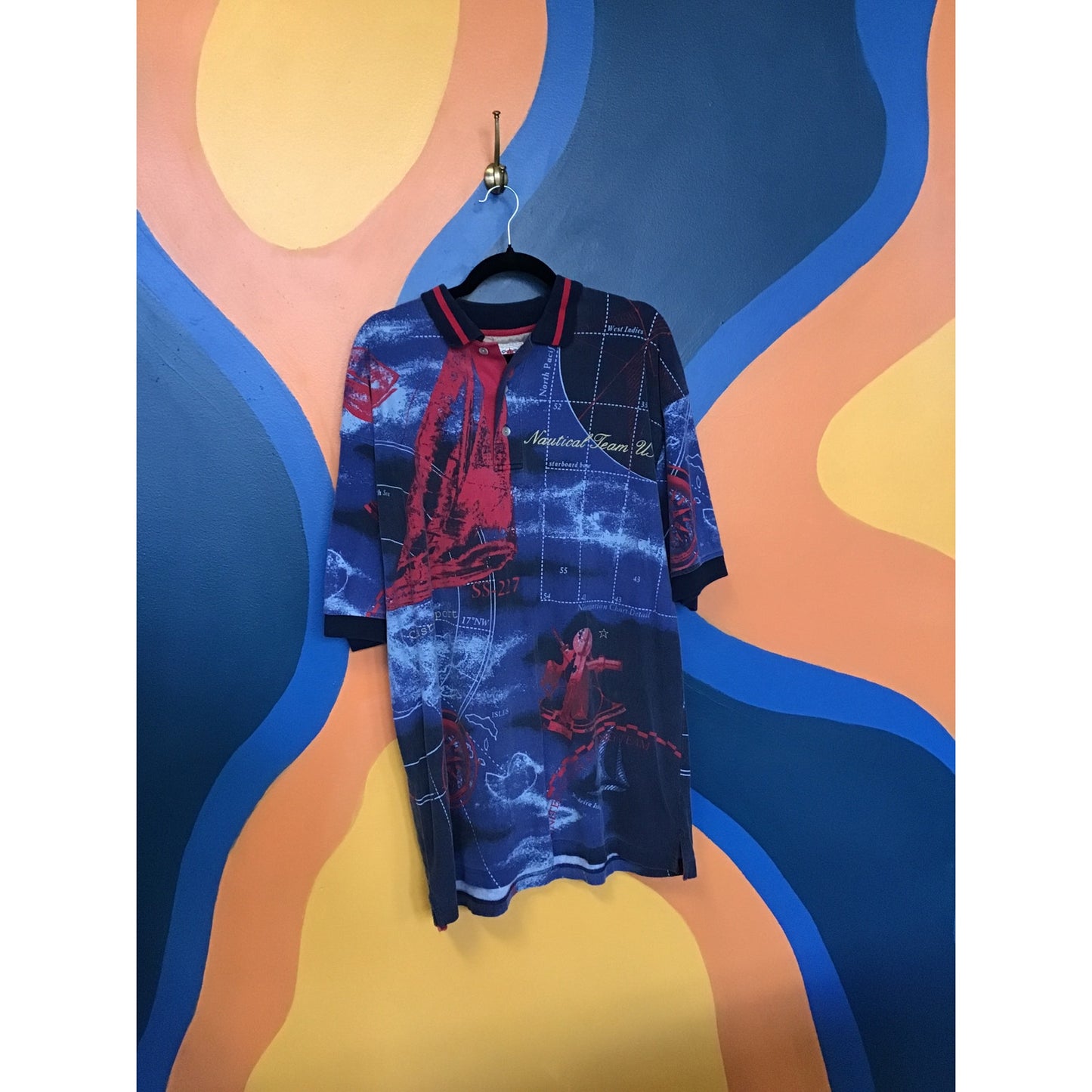 Cotton Traders Nautical Team Allover Print Short Sleeve Polo Shirt Men's XL