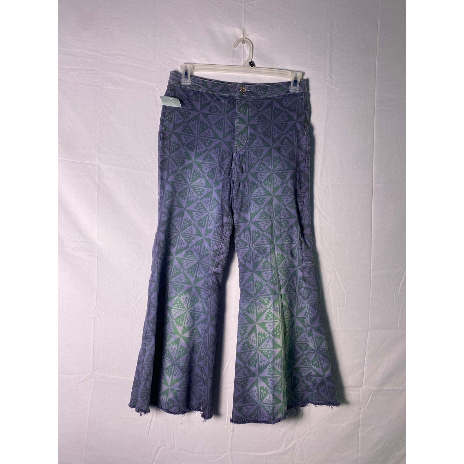 Free People Hand-Dyed Printed Bell Bottom Pants Raw Hem Denim Women's Size 31
