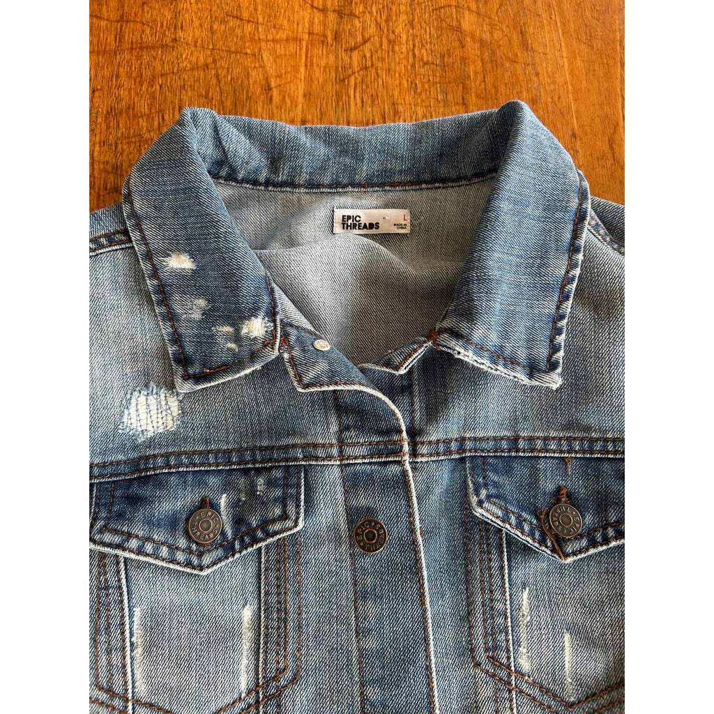 Epic Threads Button Up Distressed Blue Denim Jacket Women's Size Large
