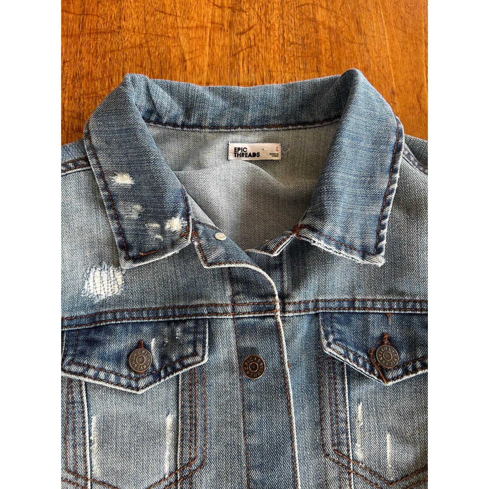Epic Threads Button Up Distressed Blue Denim Jacket Women's Size Large