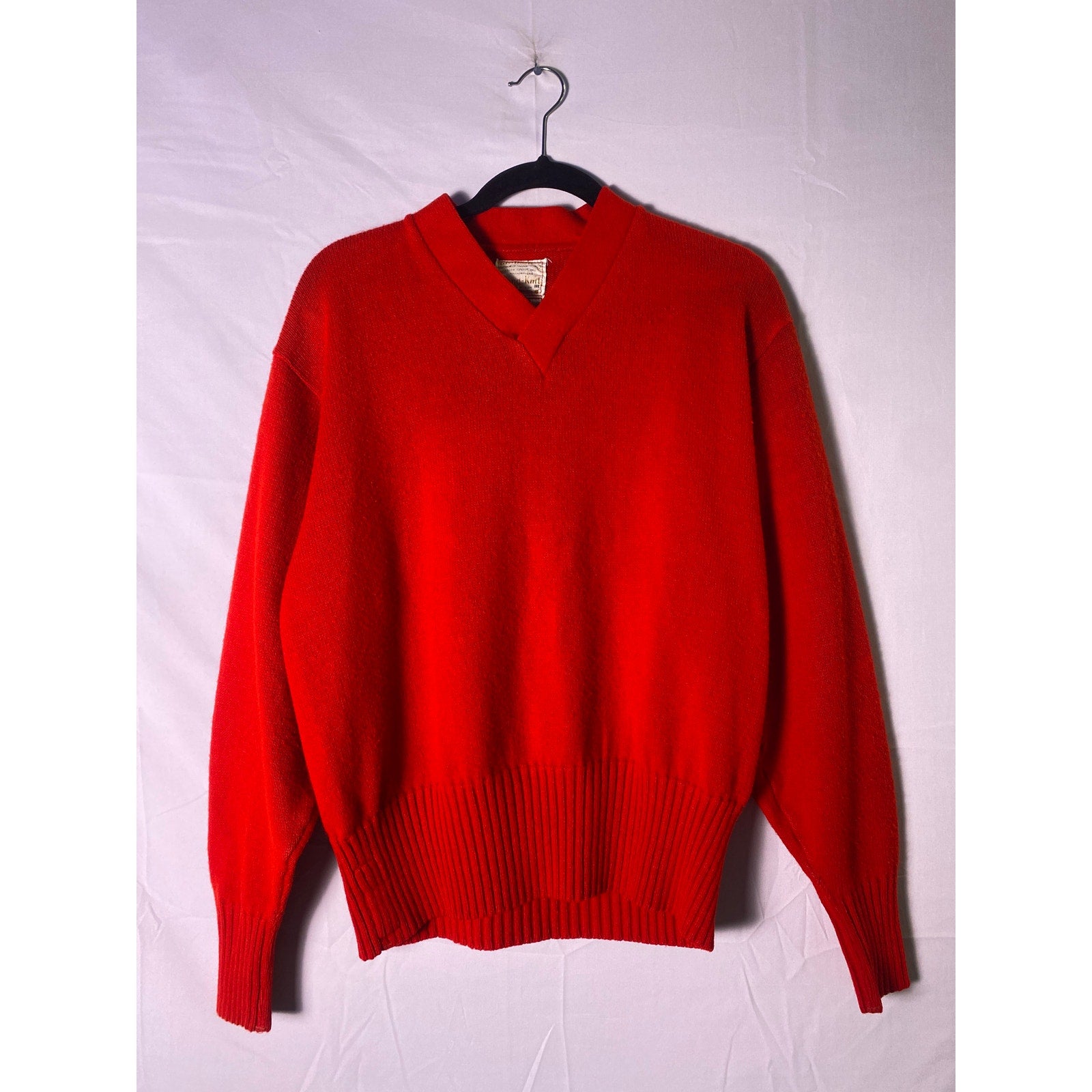 Vintage 60s Sand Knit Varsity Acrylic Red Knitted Sweater V-neck Pullover Large