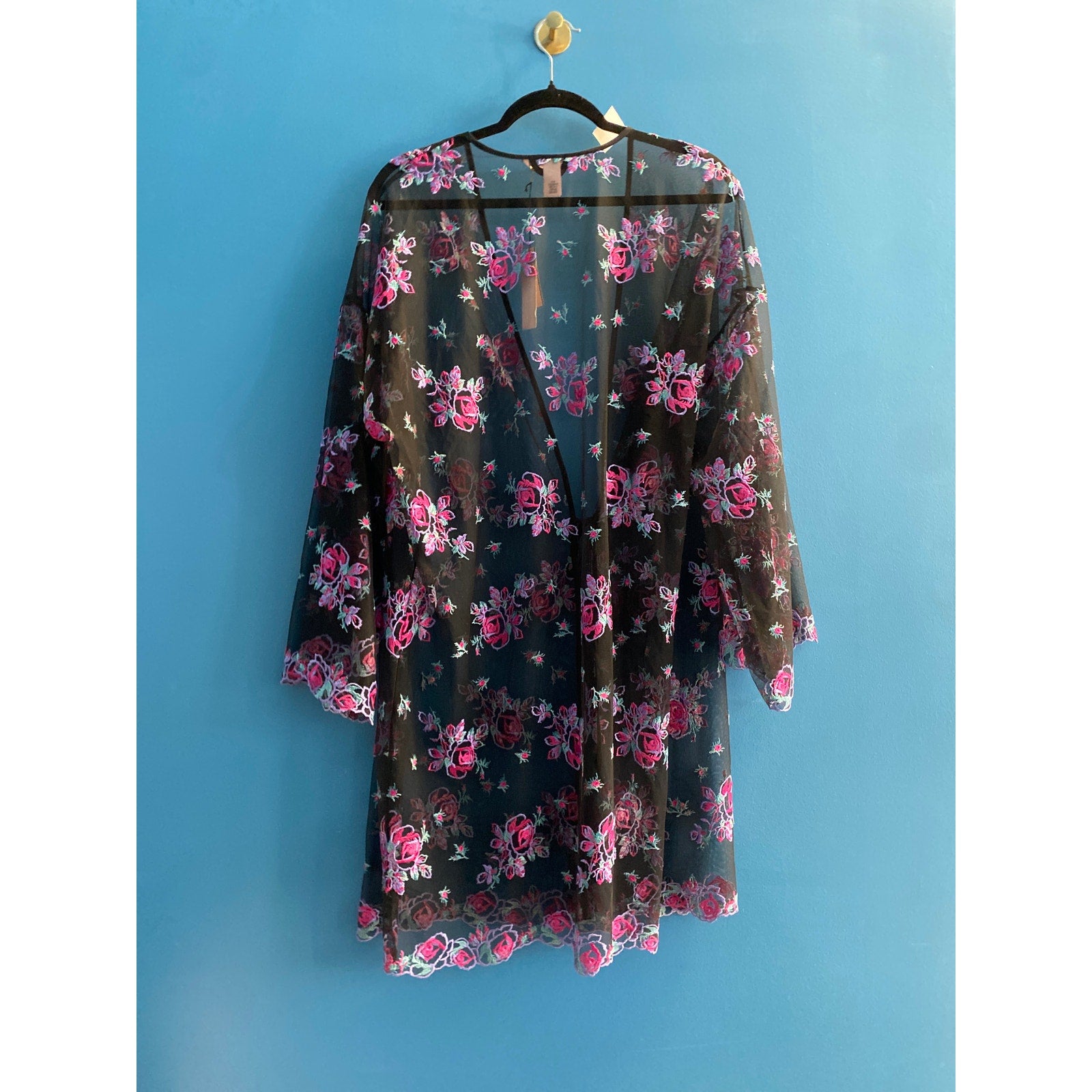 Victoria's Secret Black Floral Embroidery Sheer Mesh Robe Women's Size M/L