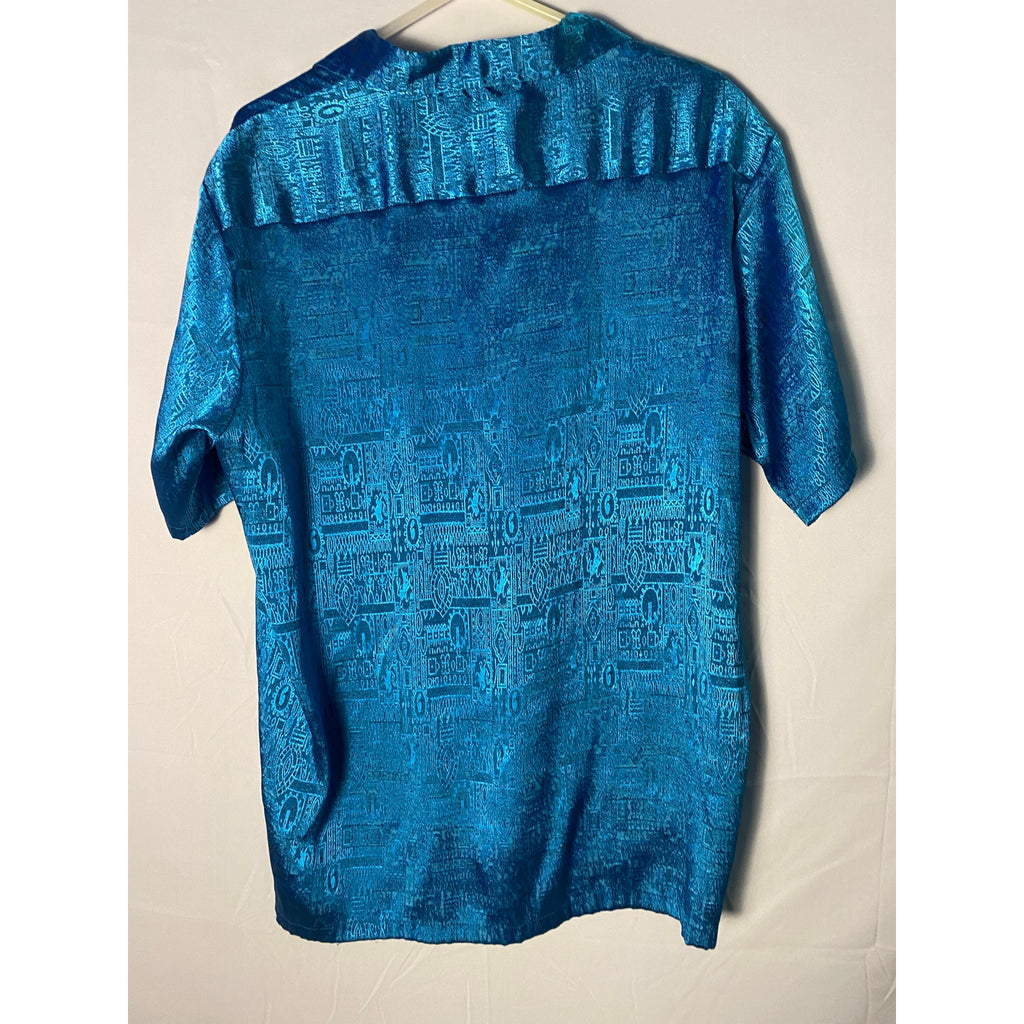 Thai Silk Blue Button Up Shirt Short Sleeve Men's Size XL&nbsp;