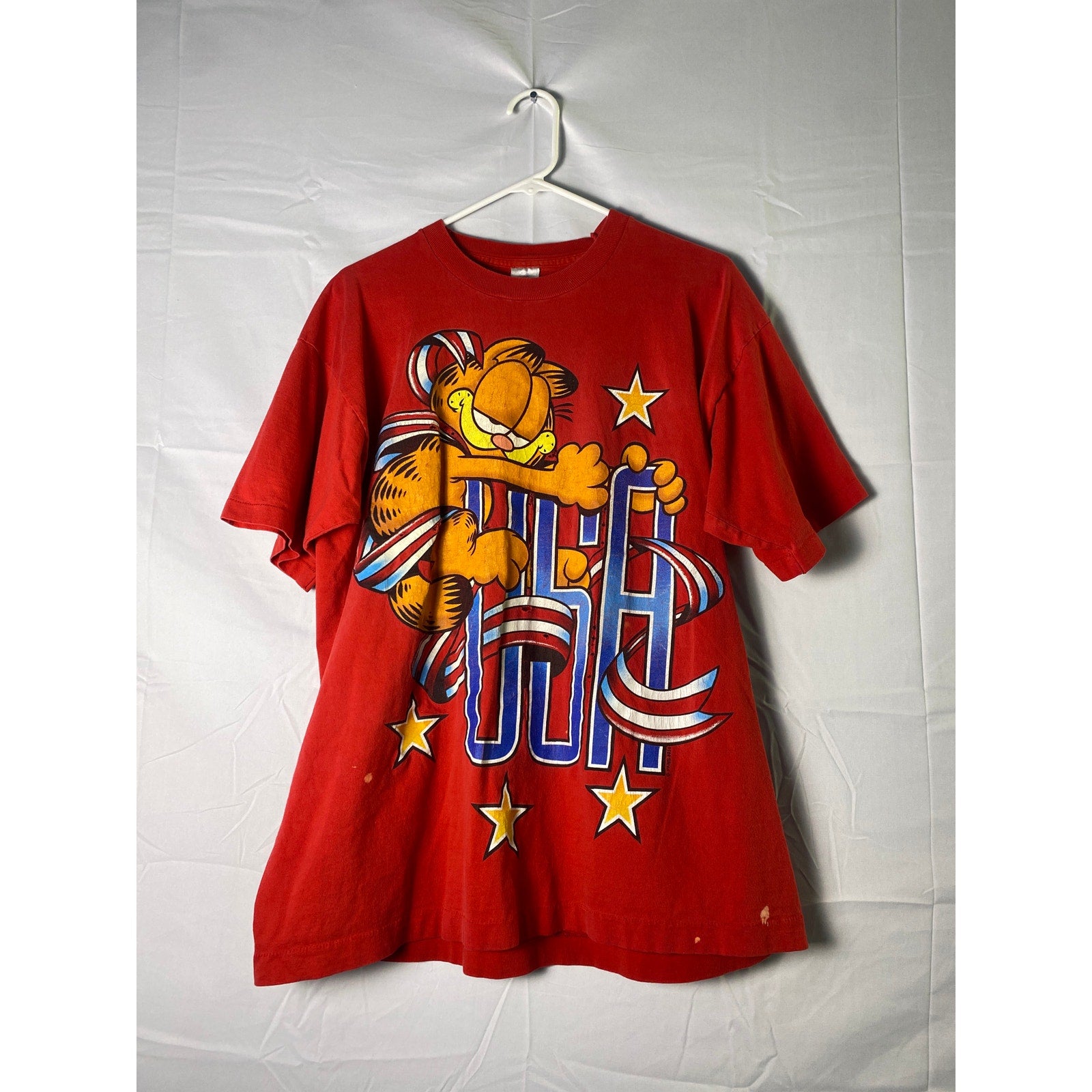 Vintage Fruit of the Loom Garfield USA FLAG Red Shirt Single Stitch Mens Size XL