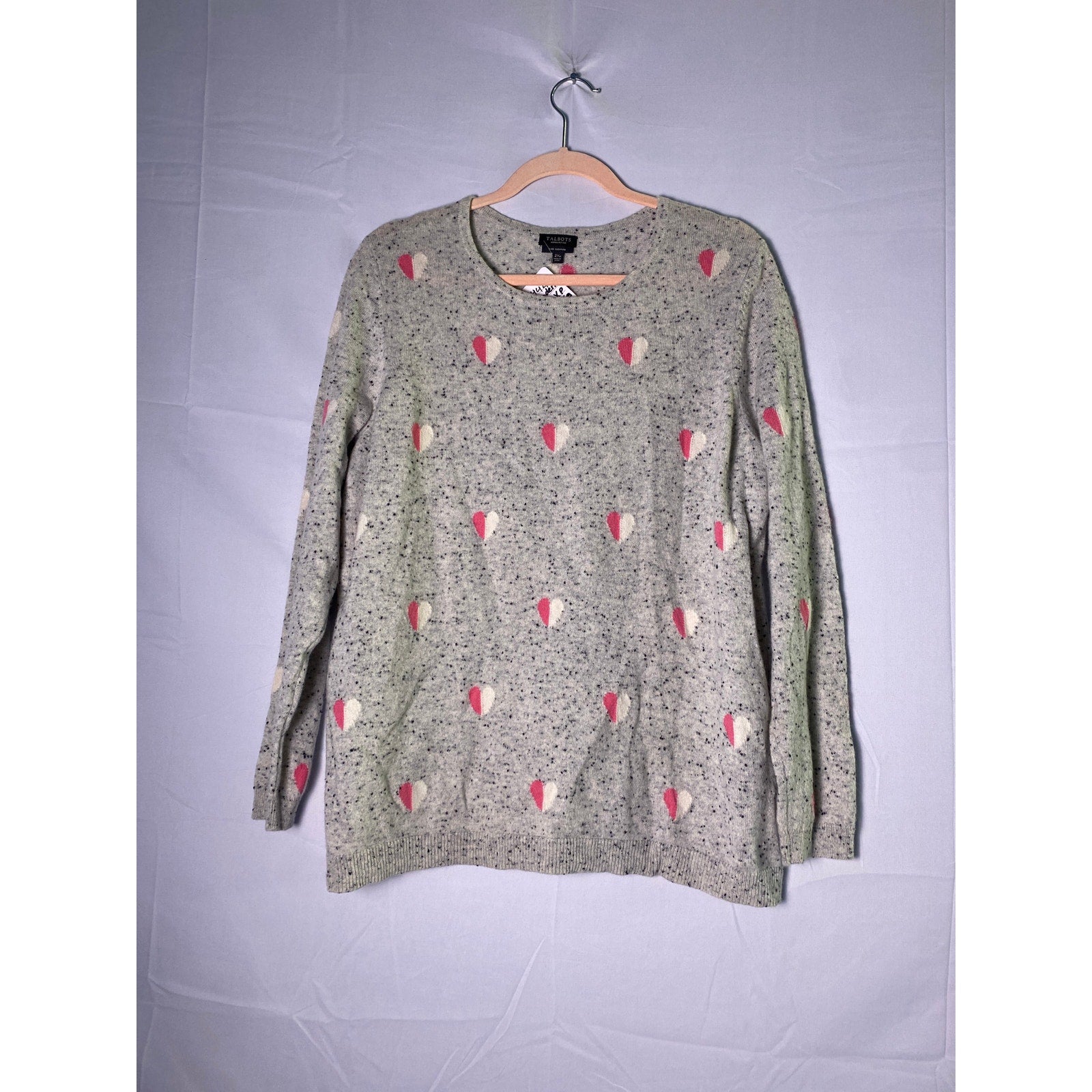Talbots Pure Cashmere Pink Hearts Gray Long Sleeve Pullover Sweater 2X Petite