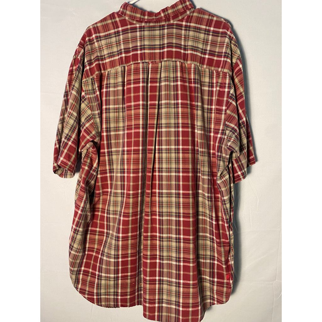 Nautica Red Beige Plaid Button Up Shirt 3/4 Sleeve Men's Size XL Vintage
