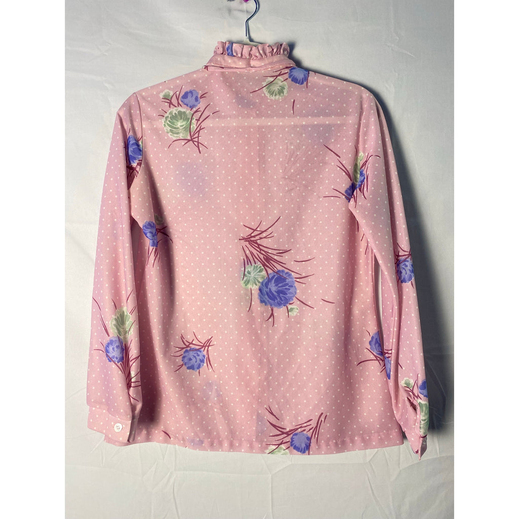 Vintage 70s Alfred Dunner Purple Blue Floral Polka Dot Poly Knit Blouse Medium