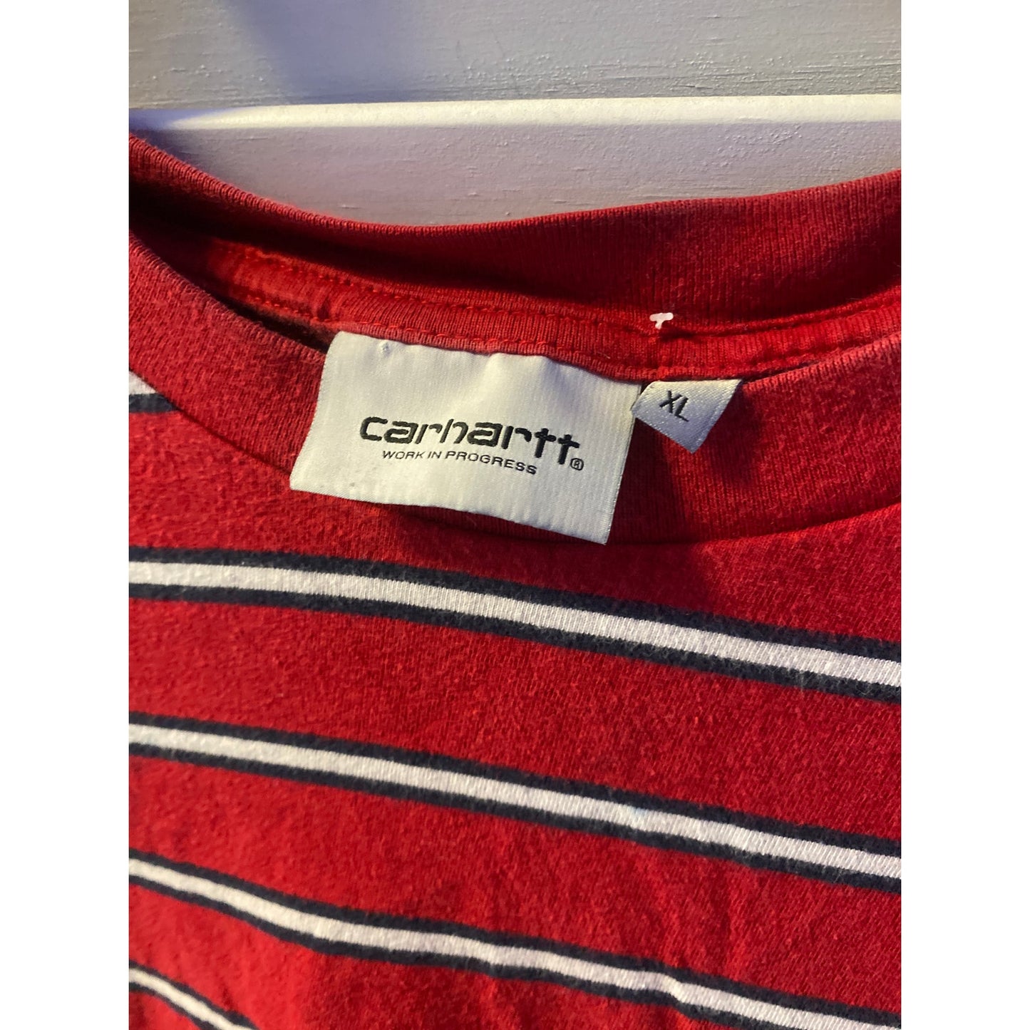 Carhartt Red White Black Striped Chest Pocket Logo Shirt Men's Size XL
