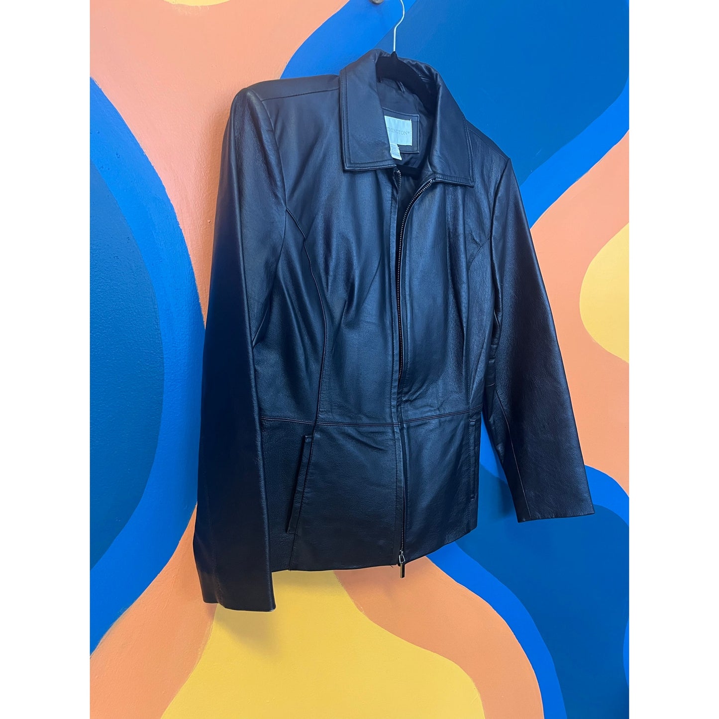 Worthington Black Leather Full Zip Moto Jacket Front Pockets Women's Size Small