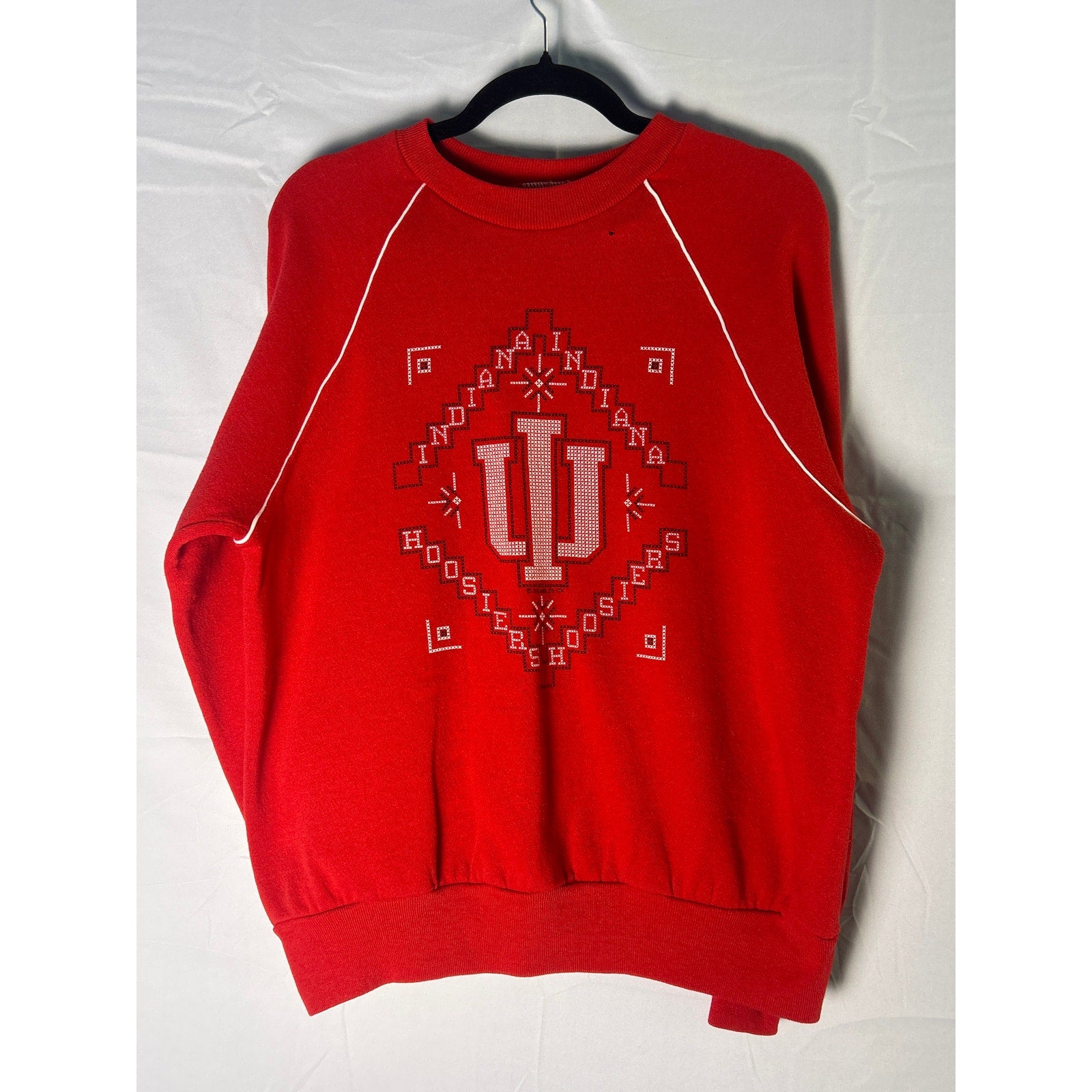 Vintage 90s BASSETT-WALKER IU Indiana University Crochet Crewneck Red Sweatshirt