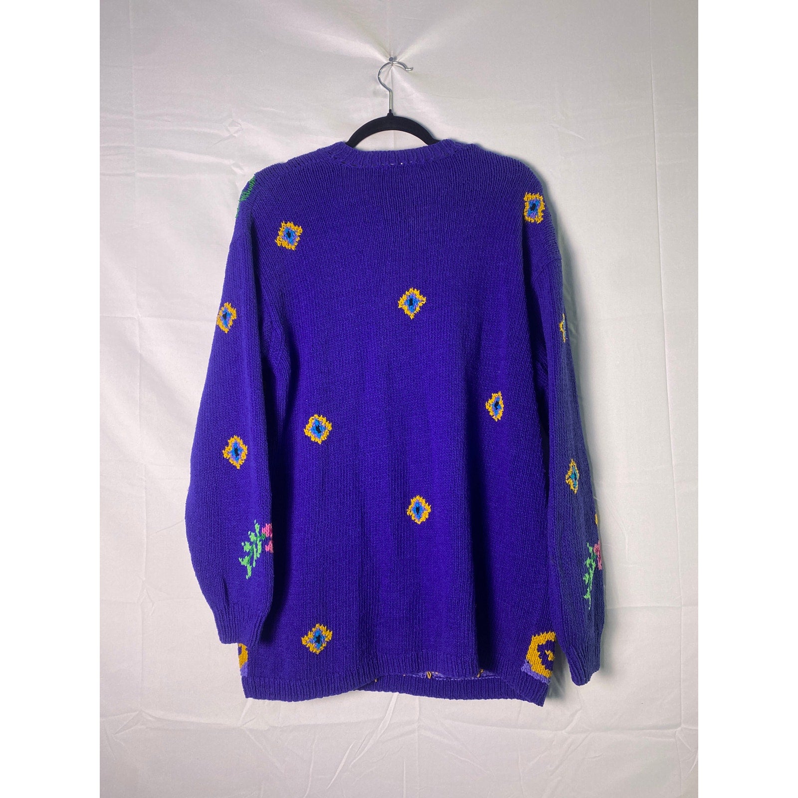 Vintage Liz Claiborne Hand Knit Blue Colorful V-neck Sweater Women's Size Medium