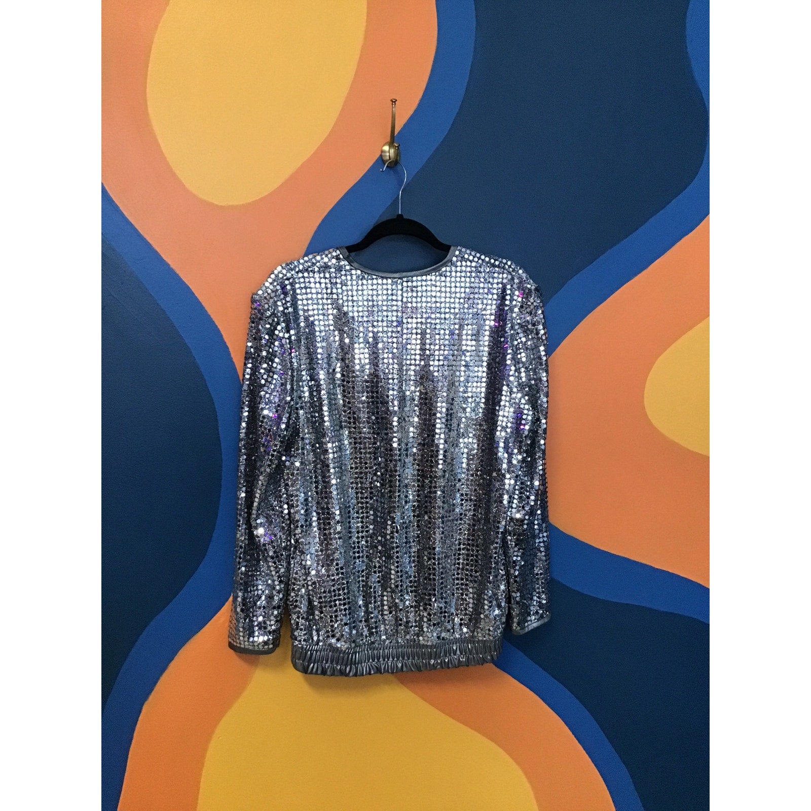 Vintage 80s Caron Components Silver Sequin Pullover Round Neck Shirt Women's Medium